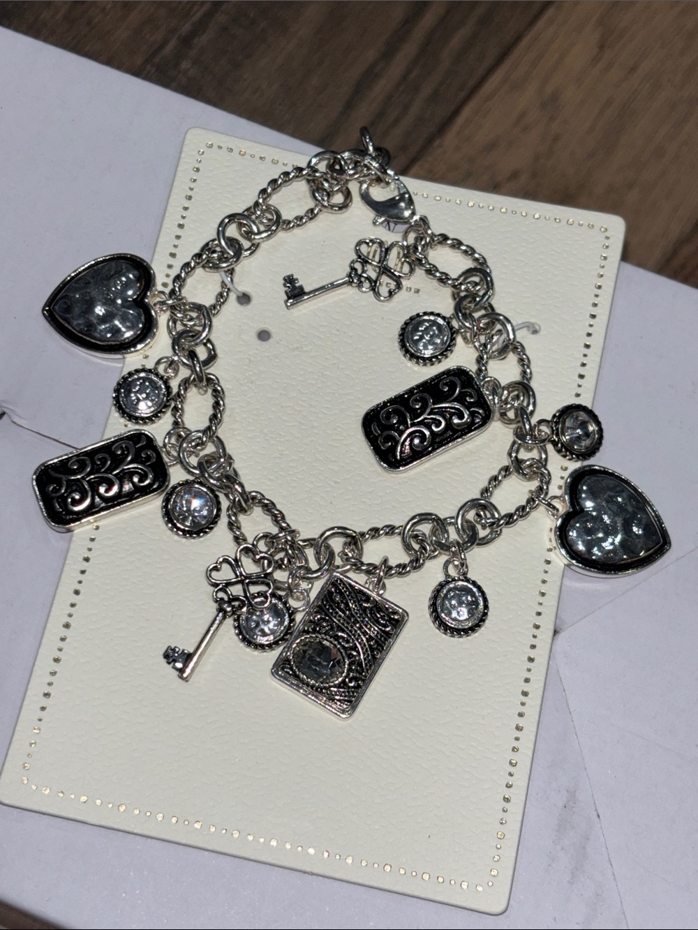 Silver-tone Heart & Key Charm Bracelet with Clear Crystal Accents